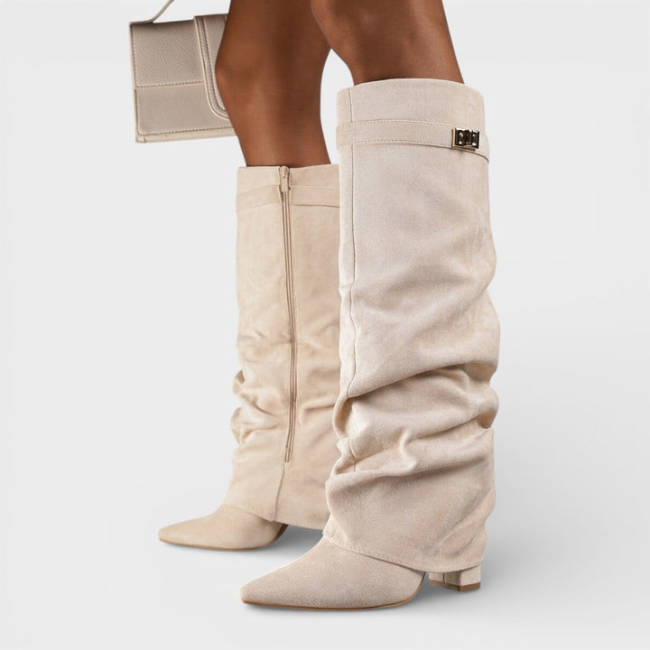 Women's high boots with pointed toe, ruched, low heel, and buckle