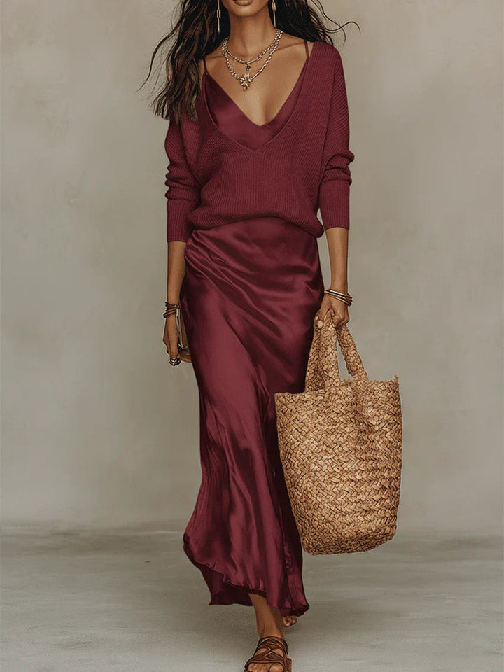 Women's Satin Midi Dress and Knit Sweater Set | 2-Piece Sleeveless Satin Slip Dress with Coordinating Soft-Touch Knit Layer