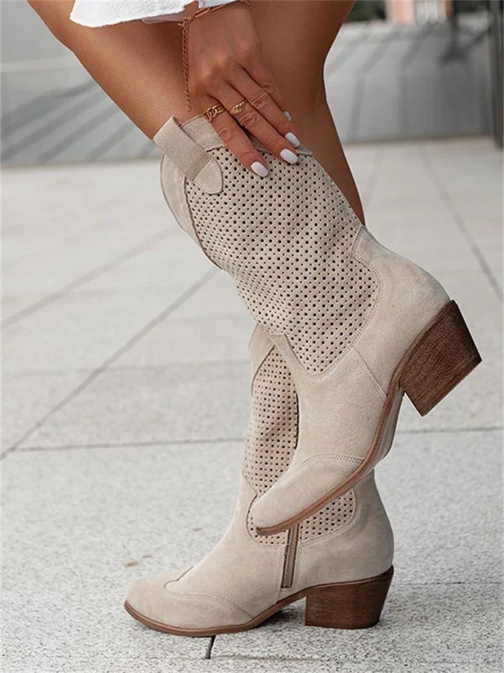 Women's Knee High Cowgirl Boots - Mid Heel Western Boots with Embroidered Stitching - Tall Western Inspired Fashion Boots