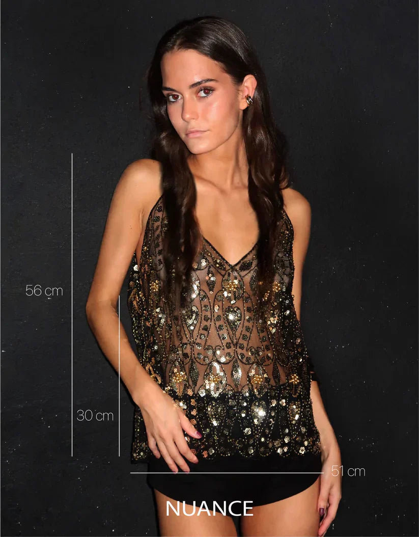 Lila's Shimmering Pearl-Accented Party Blouse