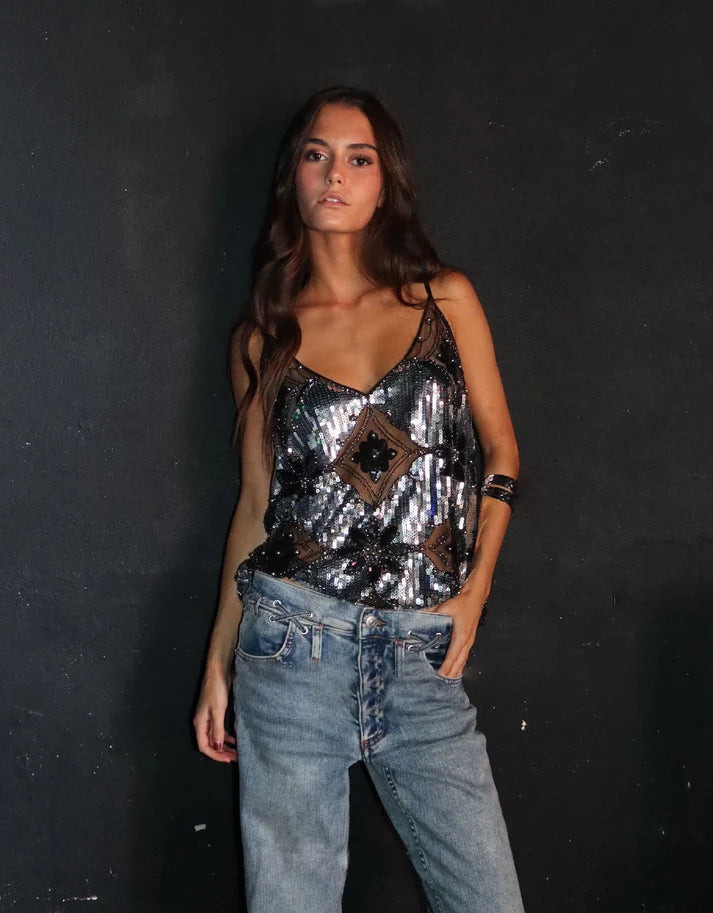 Lila's Shimmering Pearl-Accented Party Blouse