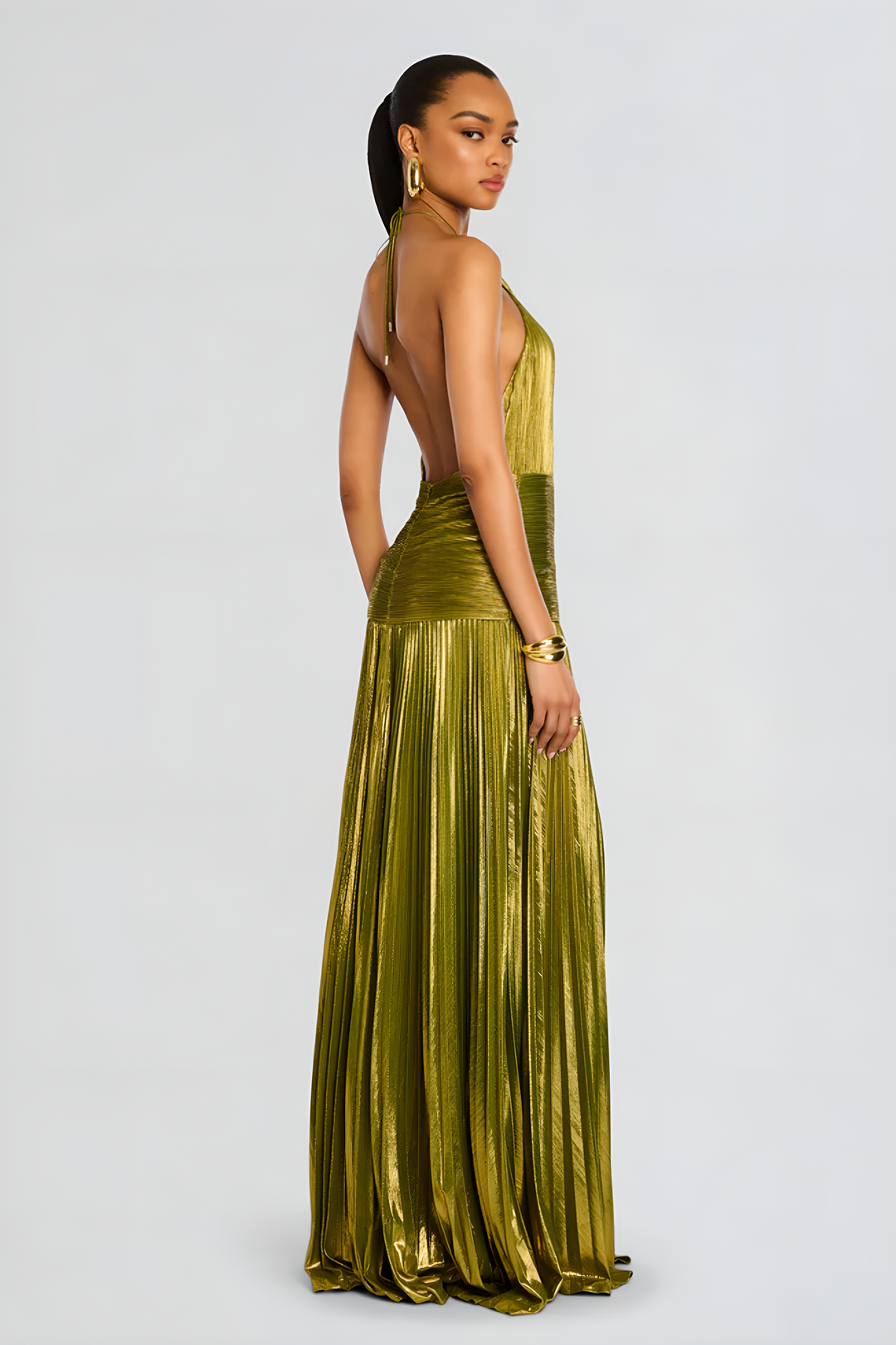 Glistening Pleated Halter Evening Gown