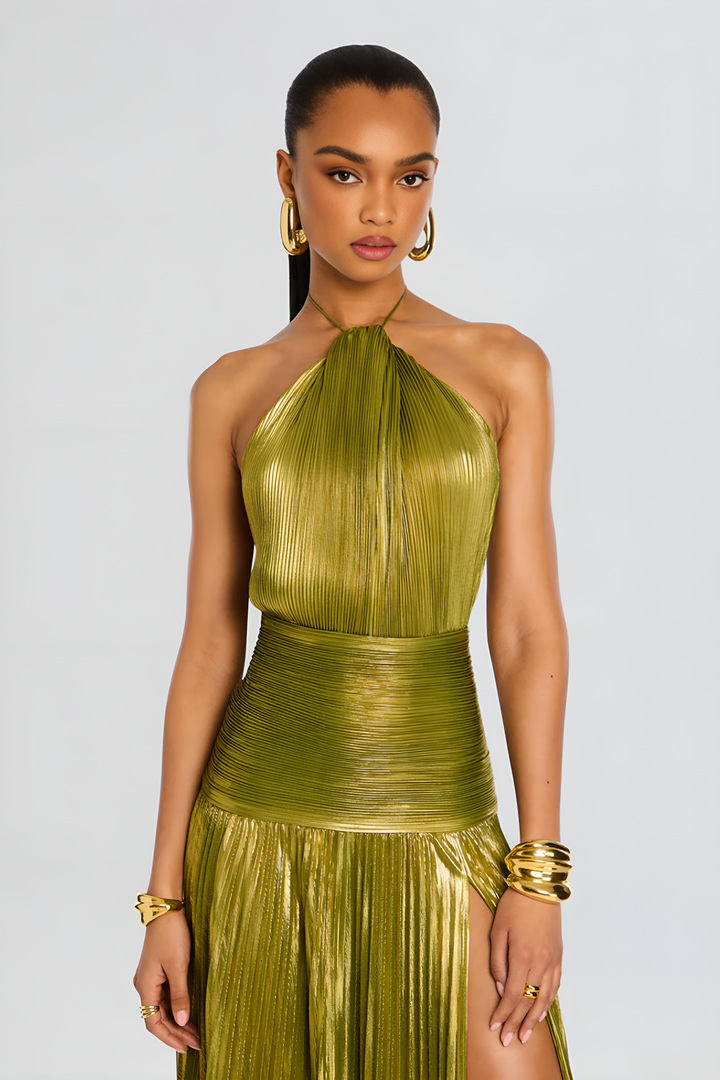 Glistening Pleated Halter Evening Gown