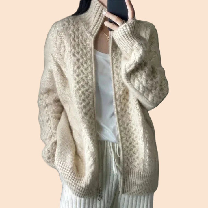 Women's Cashmere Cardigan with Stand-up Collar - Soft Relaxed Fit Knit Sweater - Warm Fall and Winter Layering Piece