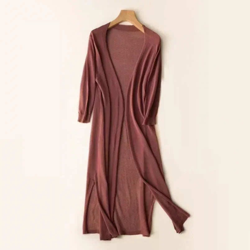Women's Long Cardigan, Open Front, 3/4 Sleeves, Side Slits