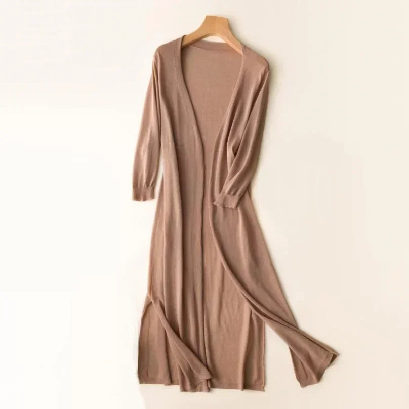 Women's Long Cardigan, Open Front, 3/4 Sleeves, Side Slits