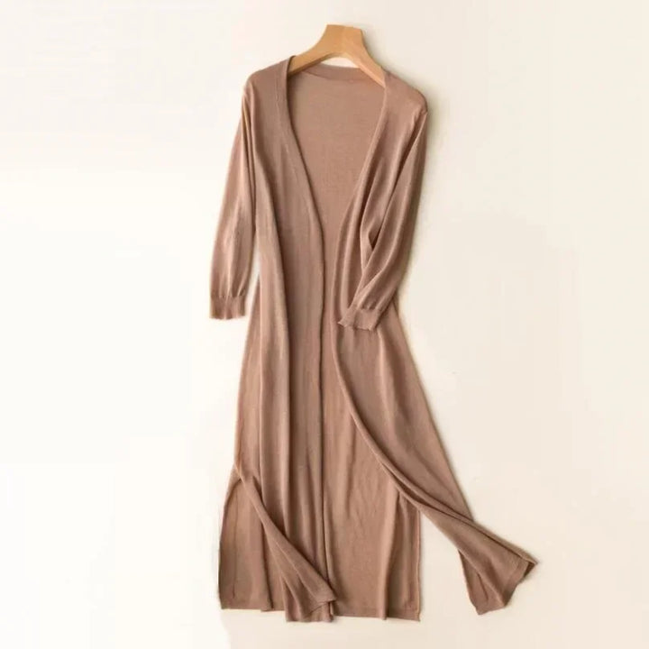Women's Long Cardigan, Open Front, 3/4 Sleeves, Side Slits