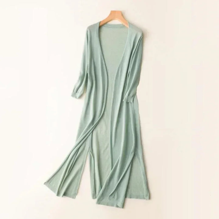 Women's Long Cardigan, Open Front, 3/4 Sleeves, Side Slits