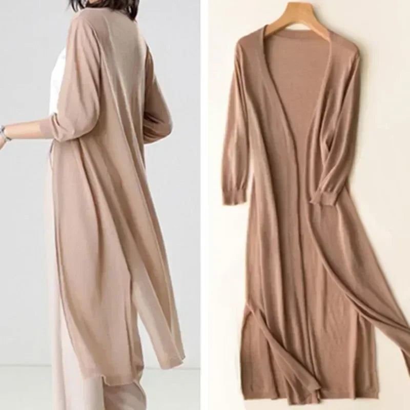 Women's Long Cardigan, Open Front, 3/4 Sleeves, Side Slits
