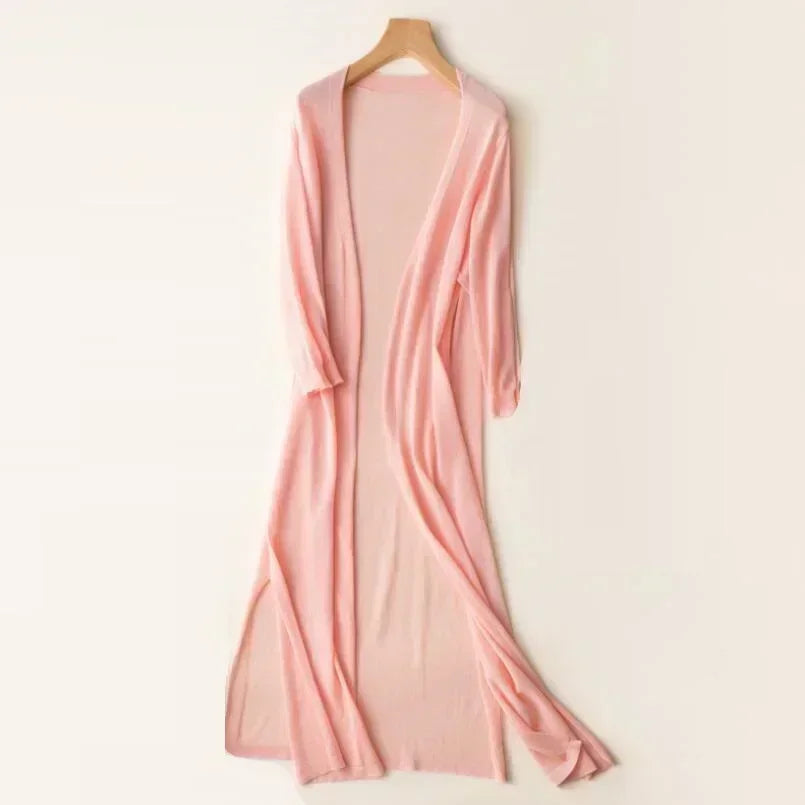 Women's Long Cardigan, Open Front, 3/4 Sleeves, Side Slits
