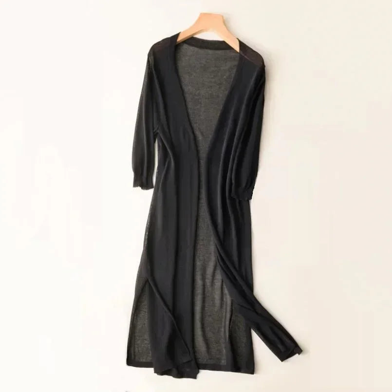 Women's Long Cardigan, Open Front, 3/4 Sleeves, Side Slits