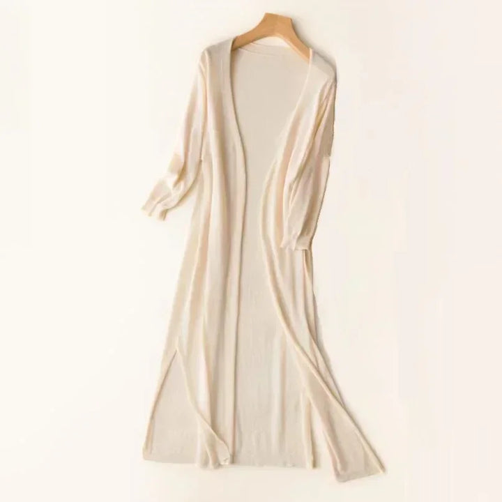 Women's Long Cardigan, Open Front, 3/4 Sleeves, Side Slits