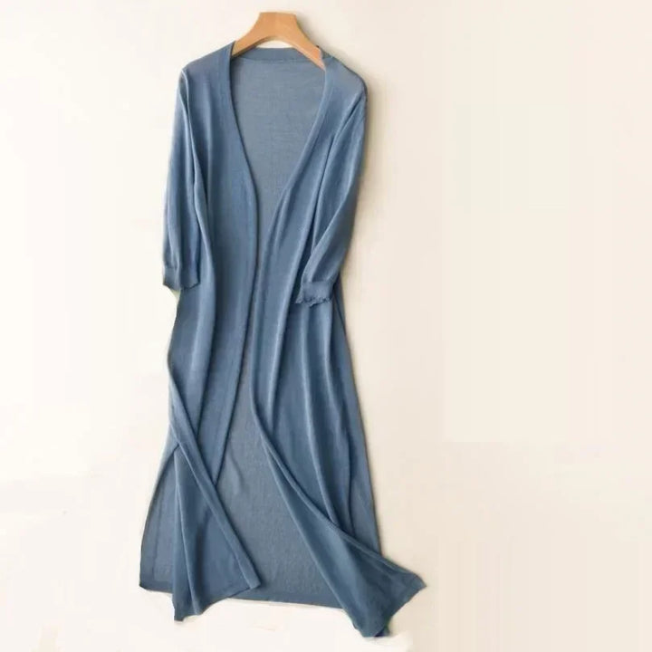 Women's Long Cardigan, Open Front, 3/4 Sleeves, Side Slits
