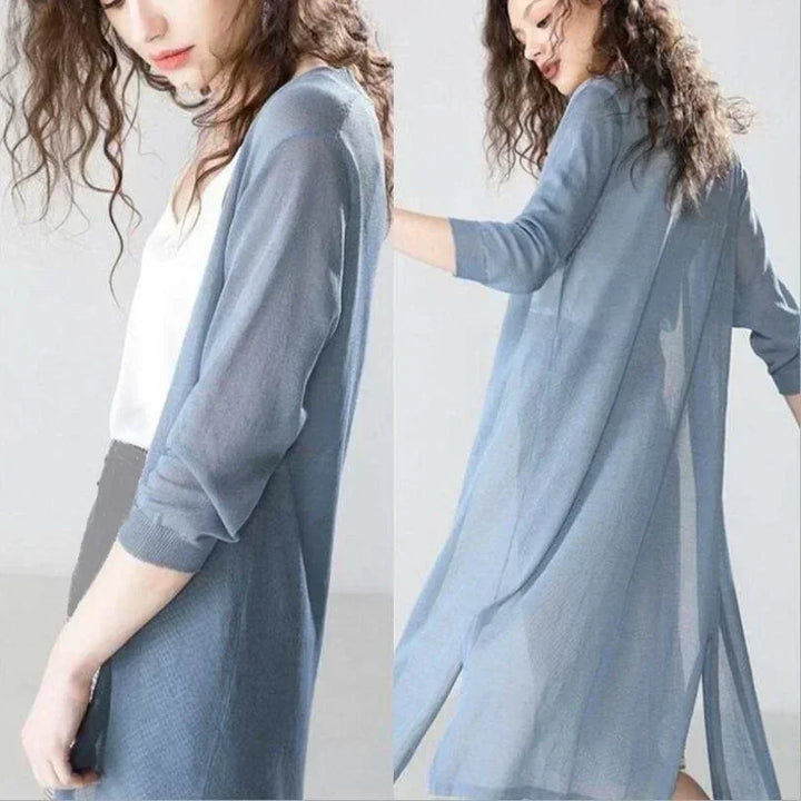 Women's Long Cardigan, Open Front, 3/4 Sleeves, Side Slits