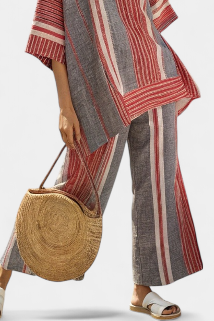 Bravine | Elegant Coral-Gray Linen Top & Wide-Leg Pants