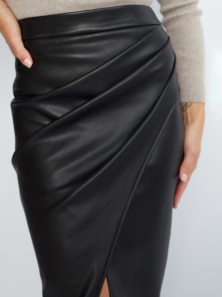 Pleated Faux Leather Split Skirt for Women