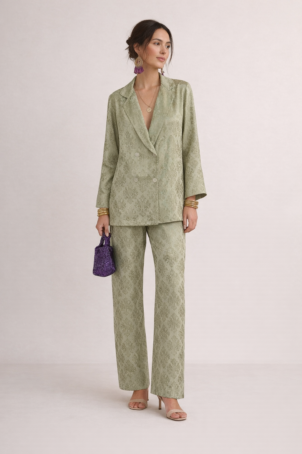Women's double-breasted blazer with notched lapels, patterned, straight-cut
