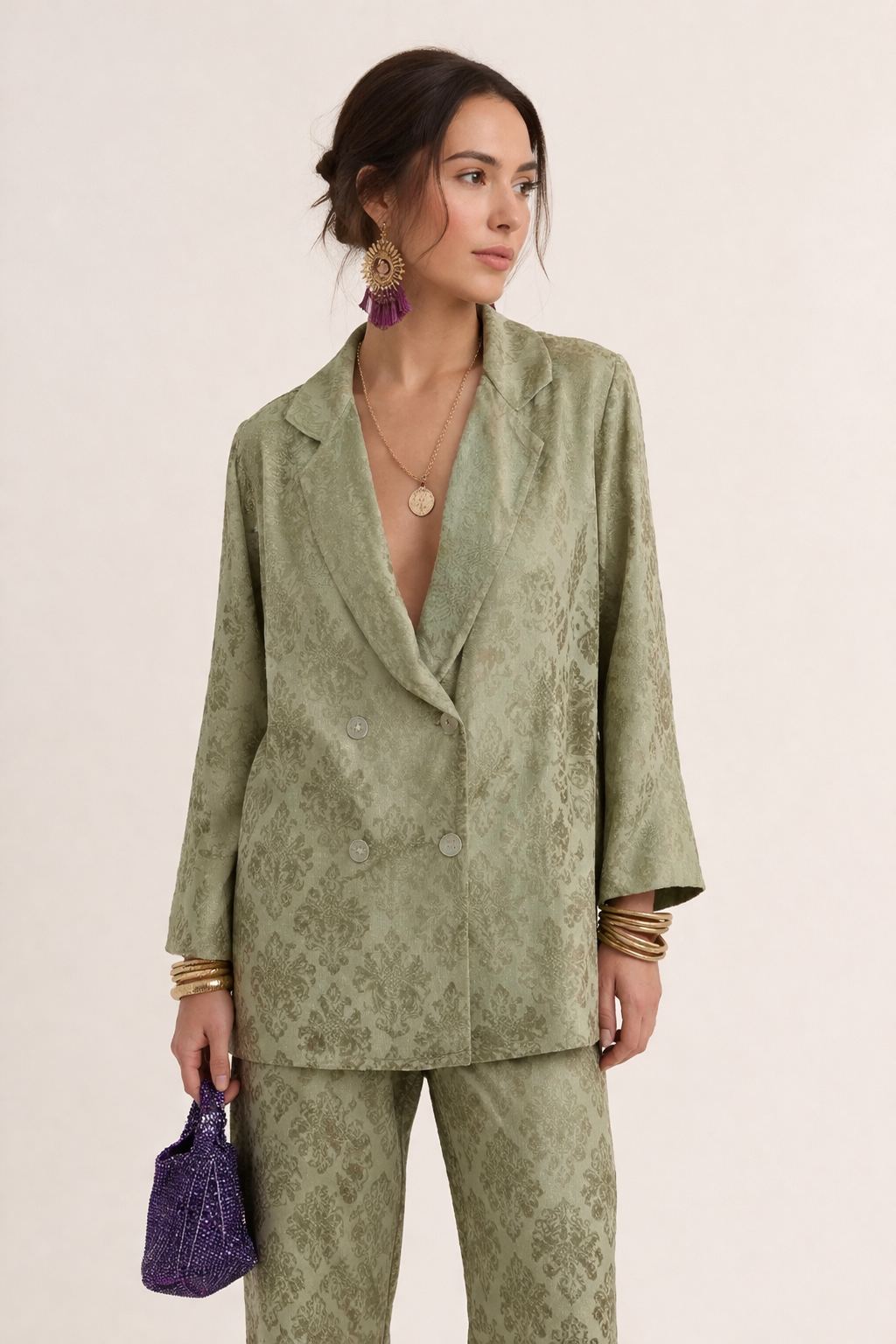 Women's double-breasted blazer with notched lapels, patterned, straight-cut
