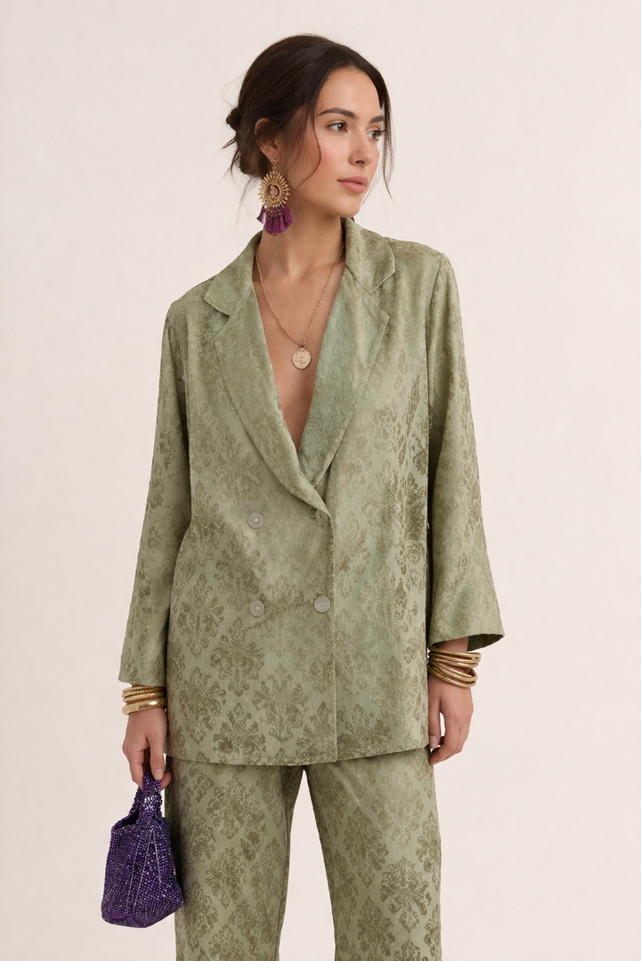 Women's double-breasted blazer with notched lapels, patterned, straight-cut