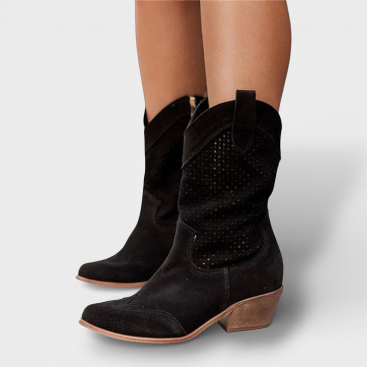 Women's cowboy boots perforated side zipper pointed toe