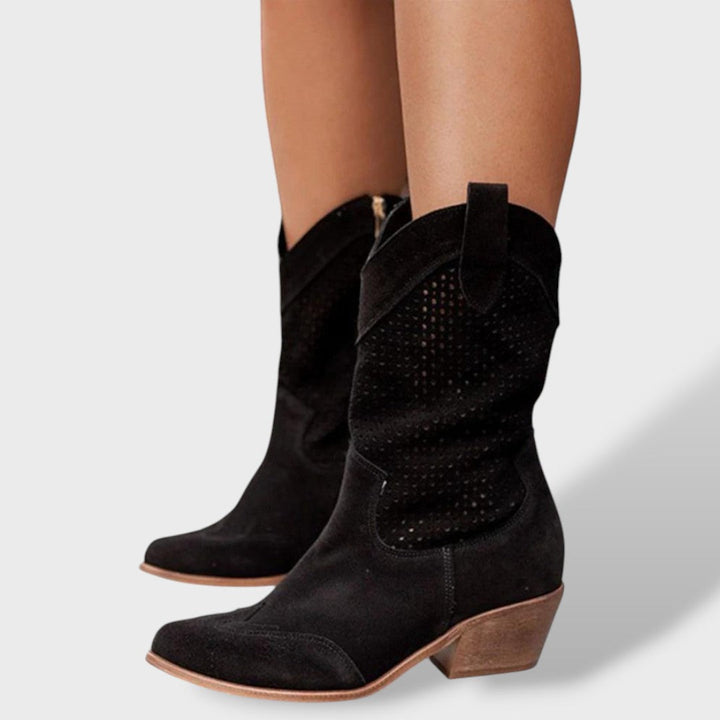 Women's Orthopedic Cowboy Boots | Perforated Western Ankle Boots with Block Heel and Anatomical Comfort Insole
