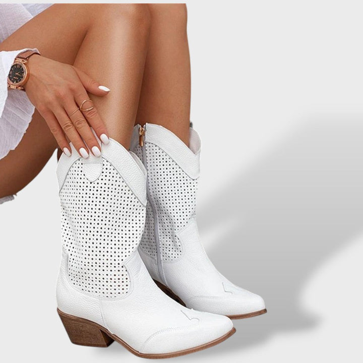 Women's Orthopedic Cowboy Boots | Perforated Western Ankle Boots with Block Heel and Anatomical Comfort Insole