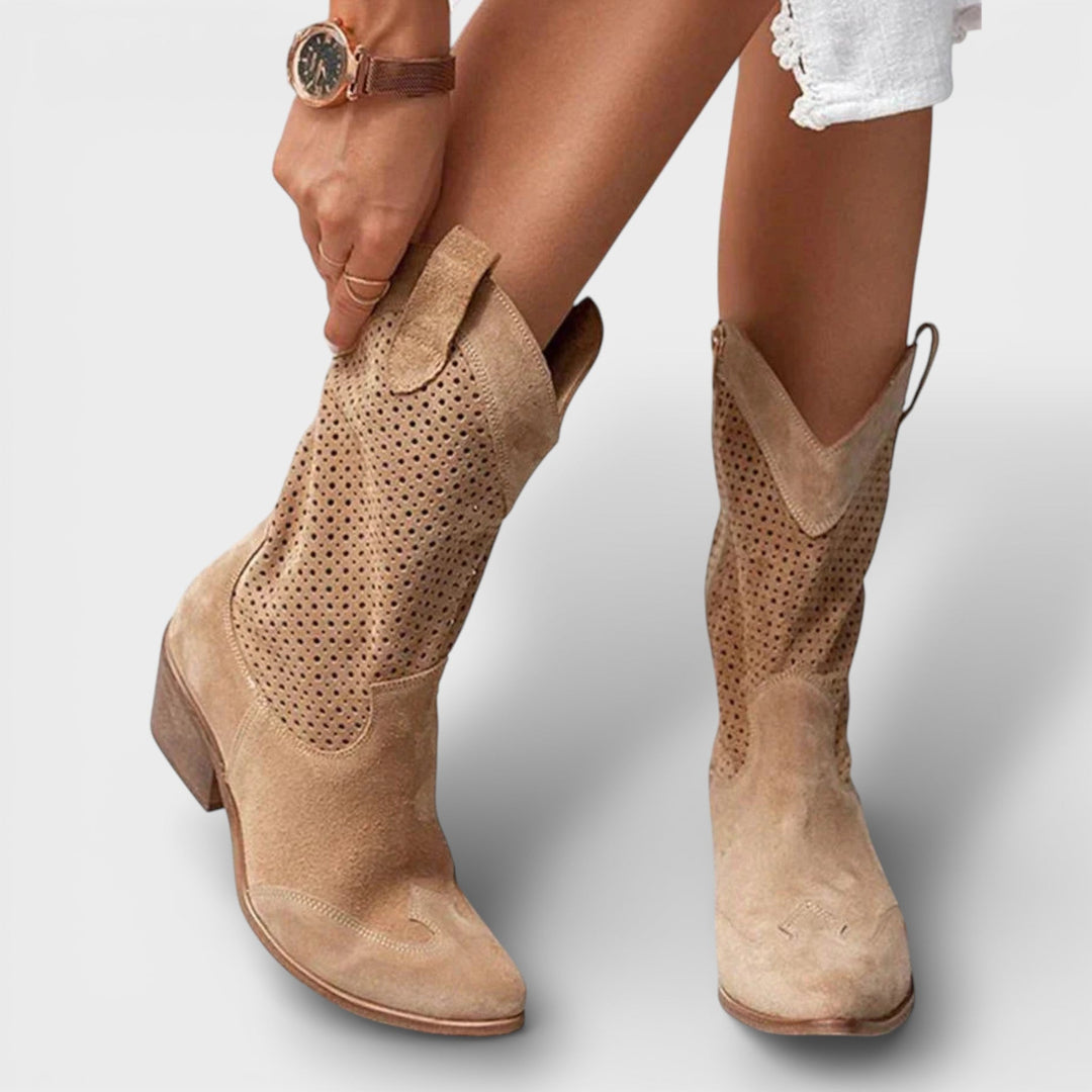 Women's cowboy boots perforated side zipper pointed toe