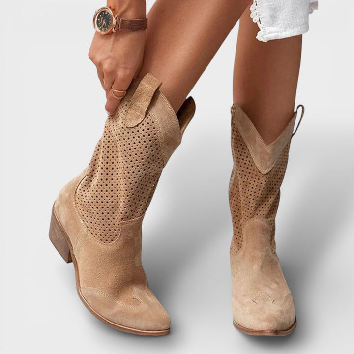Women's cowboy boots perforated side zipper pointed toe