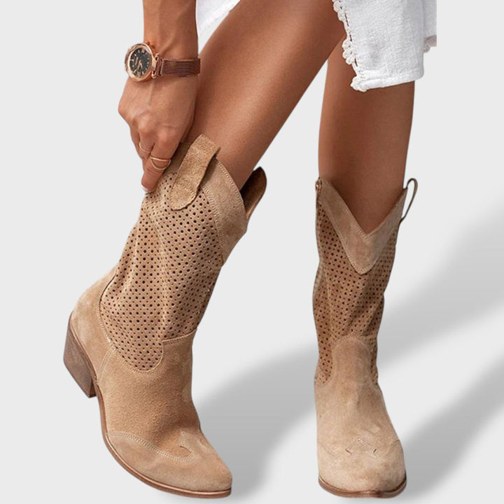 Women's Orthopedic Cowboy Boots | Perforated Western Ankle Boots with Block Heel and Anatomical Comfort Insole