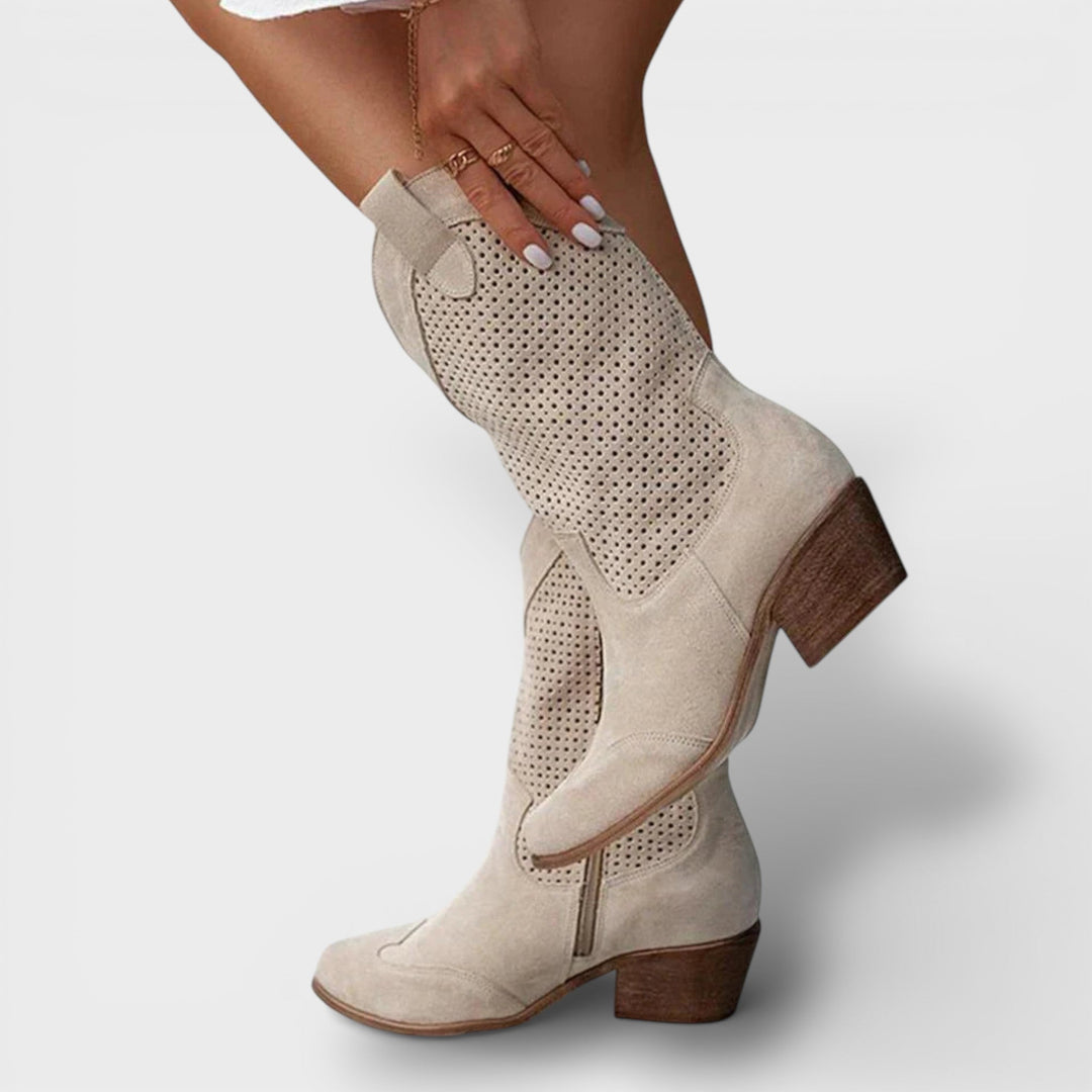 Women's cowboy boots perforated side zipper pointed toe