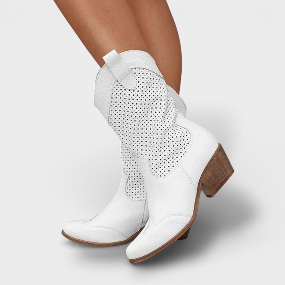 Women's cowboy boots perforated side zipper pointed toe