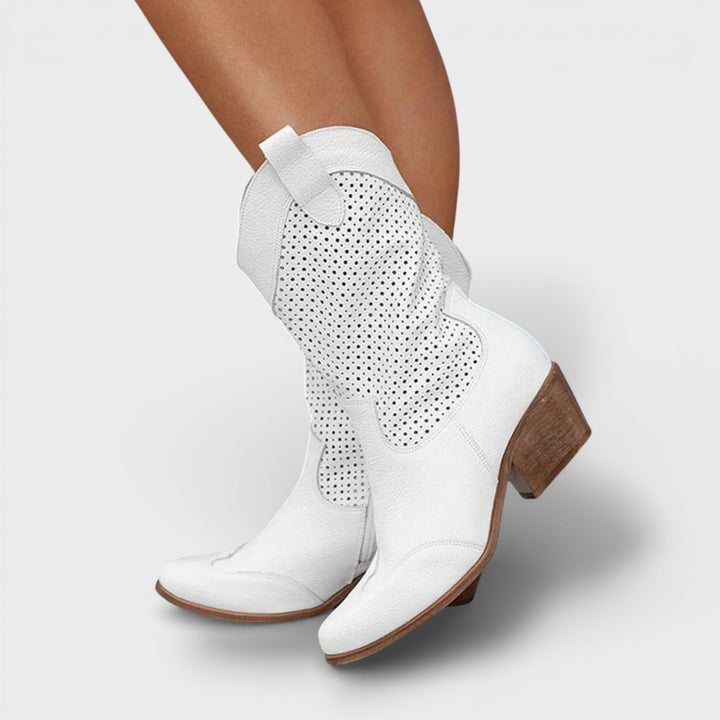 Women's cowboy boots perforated side zipper pointed toe