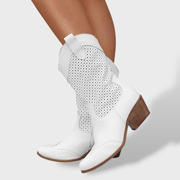 Women's Orthopedic Cowboy Boots | Perforated Western Ankle Boots with Block Heel and Anatomical Comfort Insole