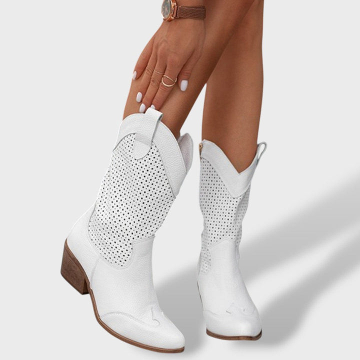 Women's Orthopedic Cowboy Boots | Perforated Western Ankle Boots with Block Heel and Anatomical Comfort Insole