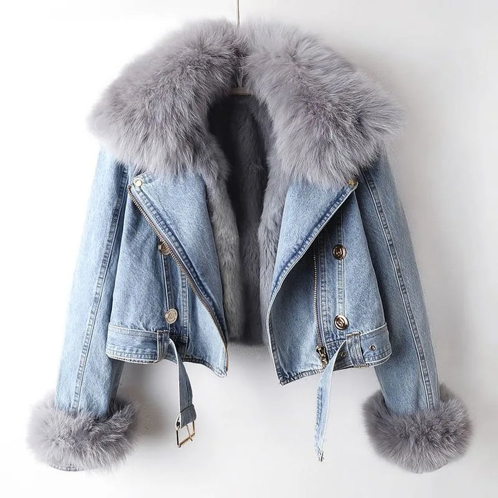 Avery Premium Lined Denim Coat with Fox Fur Trim