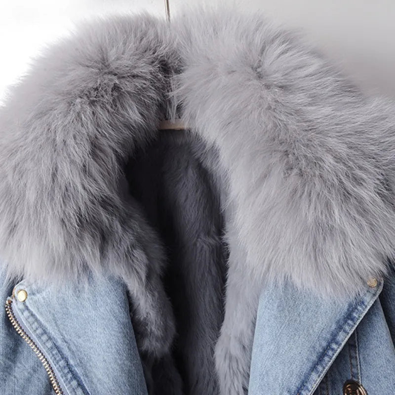 Avery Premium Lined Denim Coat with Fox Fur Trim