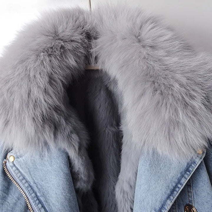Avery Premium Lined Denim Coat with Fox Fur Trim