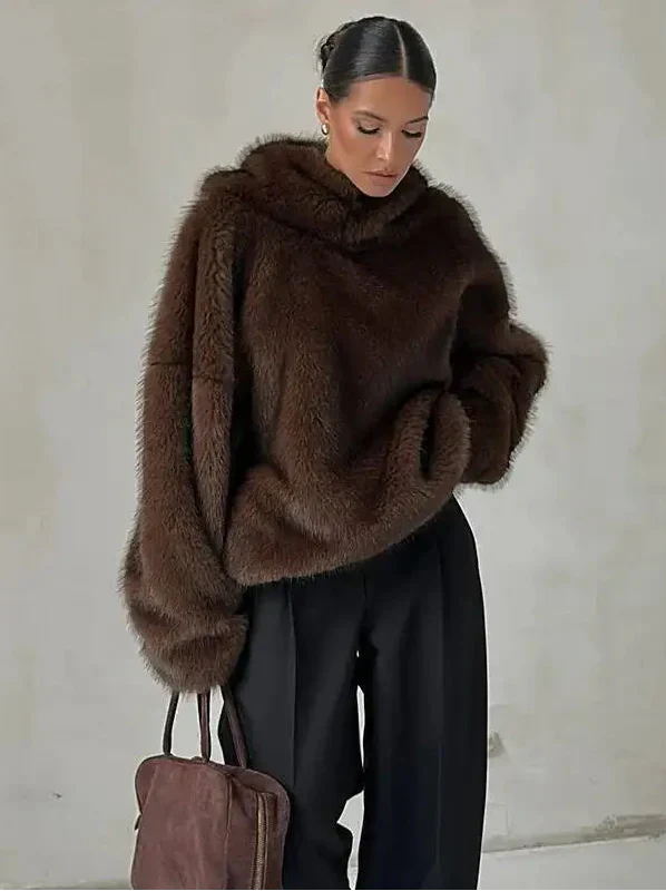 Women’s Oversized Faux Fur Hoodie Plush Pullover