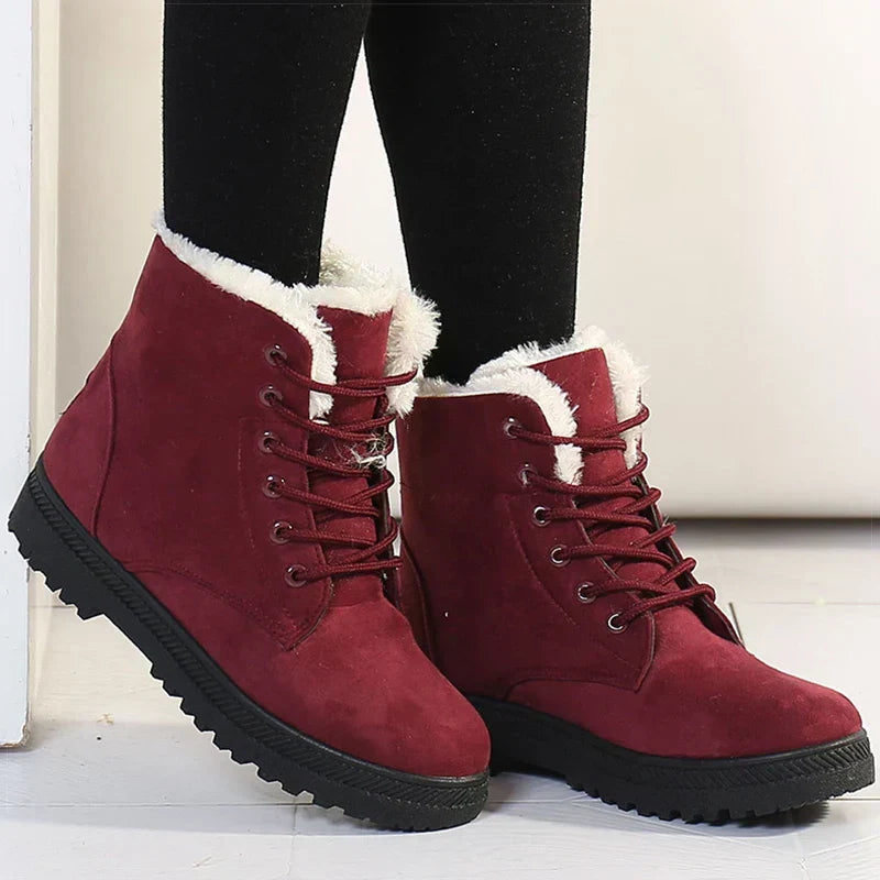 Fleece-lined women's winter boots - Warm ankle boots with lace-up closure