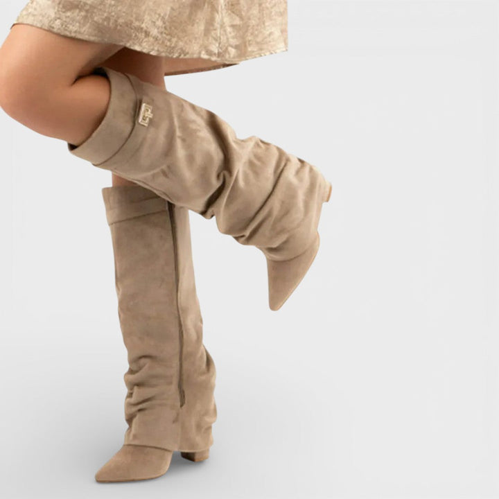Women's high boots with pointed toe, ruched, low heel, and buckle