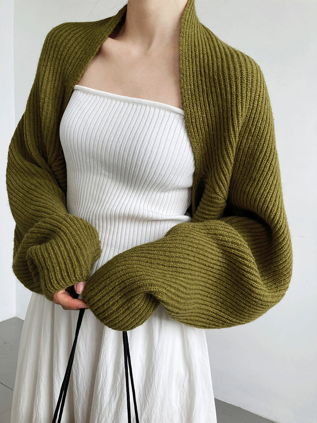 Women's Olive Shrug with Balloon Sleeves