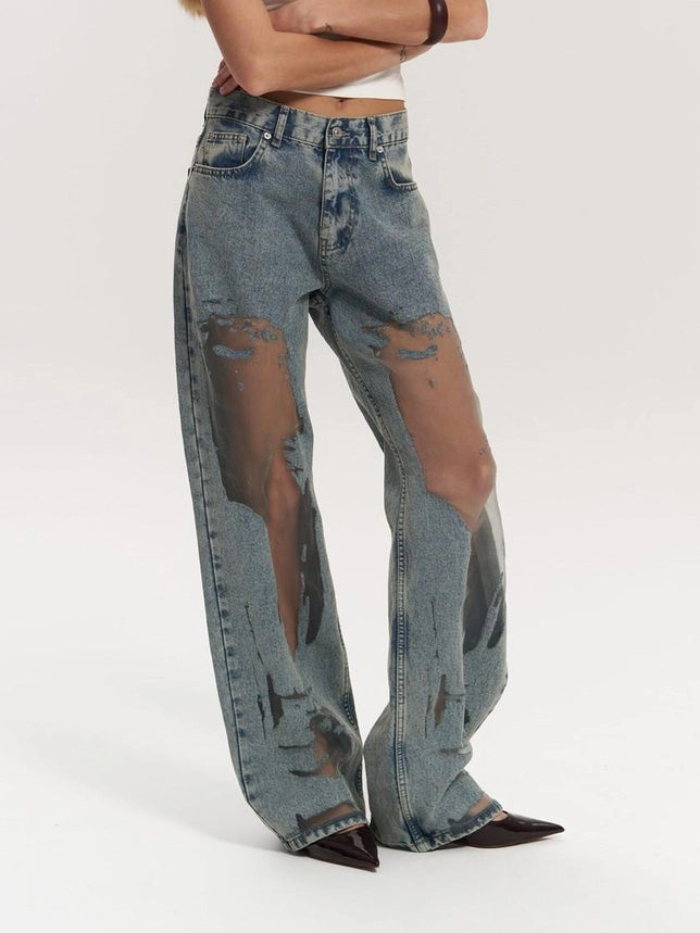 Mesh Detail High-Waisted Wide Leg Denim