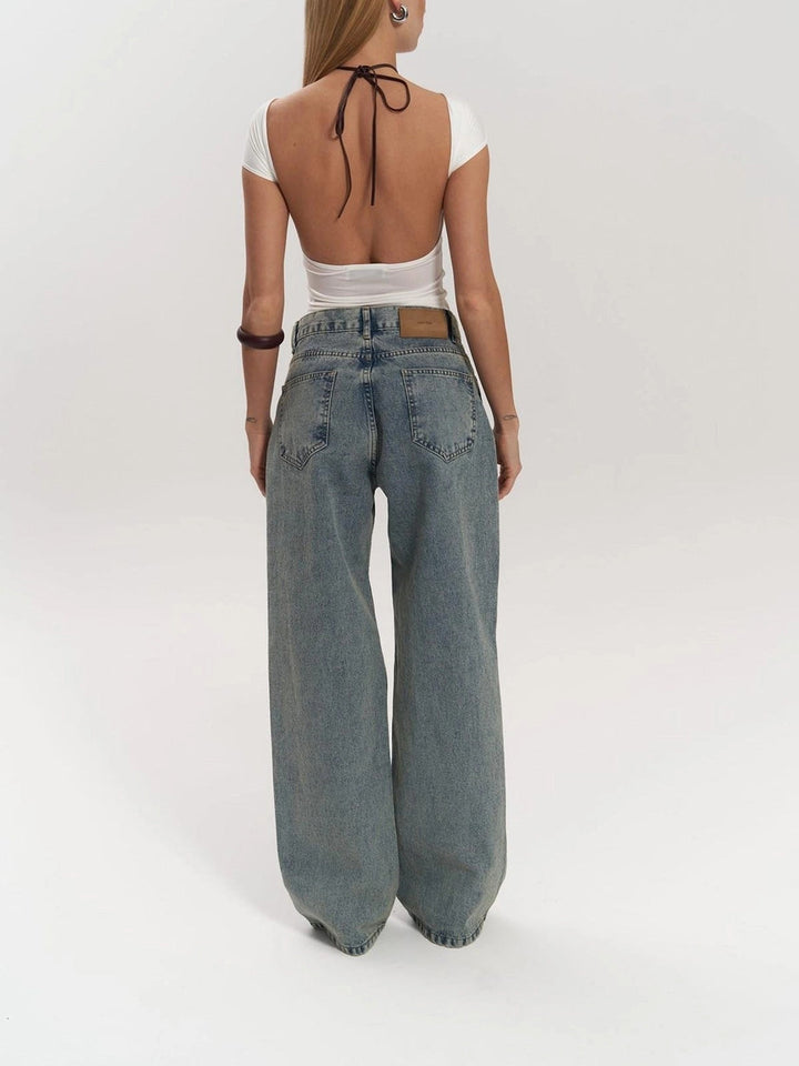Mesh Detail High-Waisted Wide Leg Denim