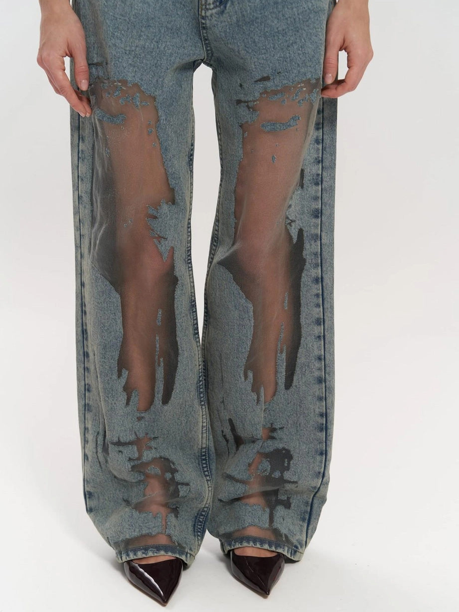 Mesh Detail High-Waisted Wide Leg Denim