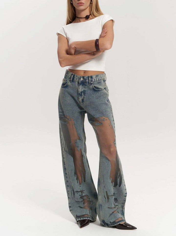 Mesh Detail High-Waisted Wide Leg Denim