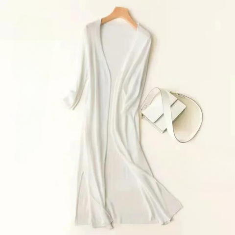 Women's Long Cardigan, Open Front, 3/4 Sleeves, Side Slits