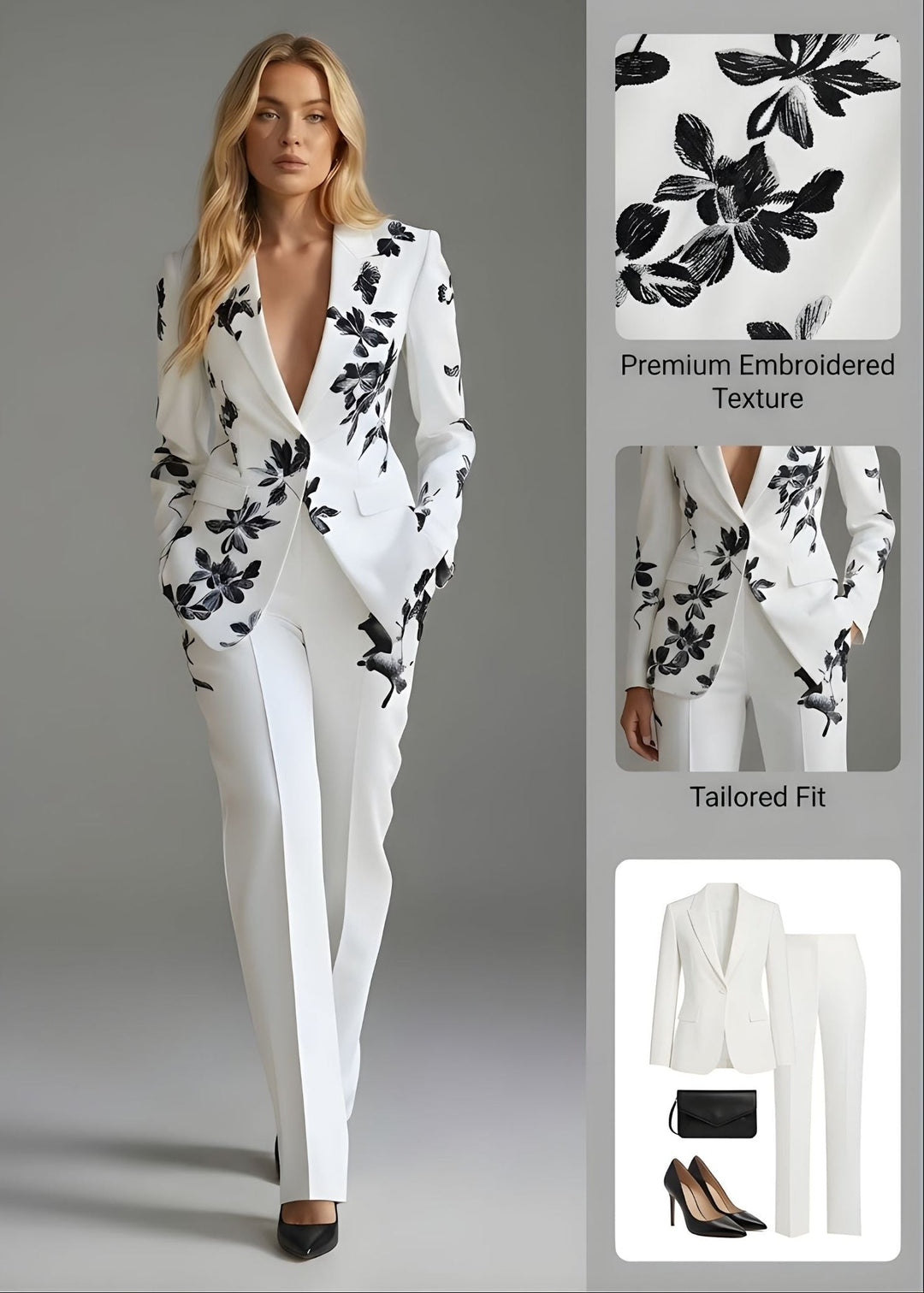 Women’s Floral Pant Suit with Tailored Single-Button Blazer