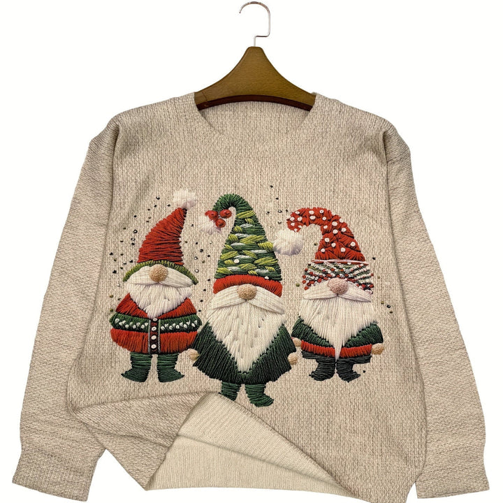 Ugly Christmas sweater for women - Fun embroidered gnome design