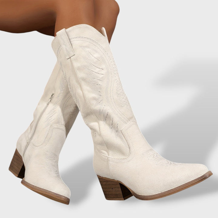 Women's Orthopedic Cowboy Boots | Embroidered Suede Western Boots with Block Heel and Anatomical Support Insole