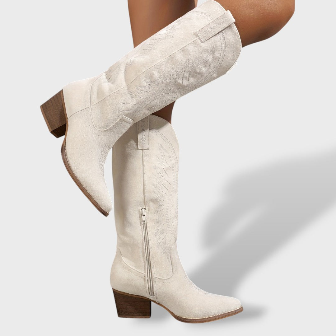 Women's Orthopedic Cowboy Boots | Embroidered Suede Western Boots with Block Heel and Anatomical Support Insole